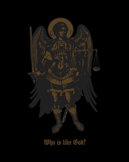 The Black & Bronze Archangel Michael With Sword & Scales of Justice Icono-Graphic Orthodox Hooded Cotton Shirt features a winged armored figure above the text "Who Is Like God?.