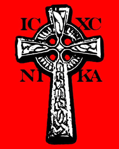 The ICXC NIKA Celtic Knotwork Cross mug features a black and white cross on a red background with "IC XC NI KA" letters, symbolizing Jesus Christ Conquers in traditional Orthodox Christian style.