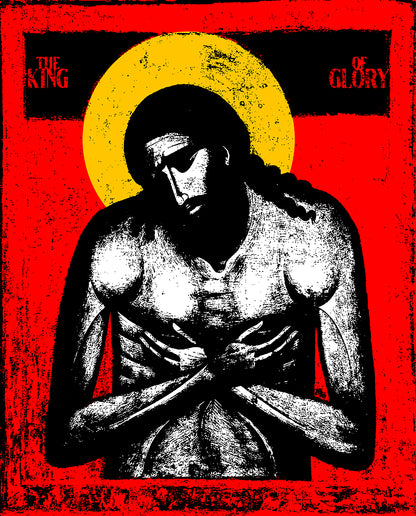 The King of Glory Jesus Christ "Extreme Humility" IconoGraphic shows a somber Christ with a yellow halo and crossed arms on red, inspired by Isaiah 53:7-8. Featured on a Christian black mug for devotional use.