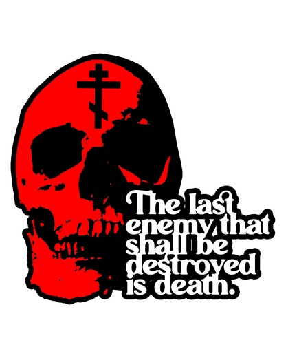 The Last Enemy That Shall Be Destroyed  (1 Corinthians 15:26) | Red Skull on Yellow Background | 70s Typography | Orthodox Christian Custom Blue Denim Jacket