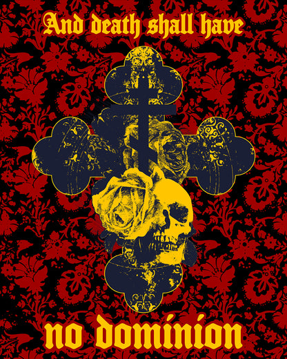 And Death Shall Have No Dominion (Dylan Thomas) | Resurrection | Gothic Style Cross, Skull and Rose on Floral Background | Orthodox Christian T-Shirt-Remembrance of Death