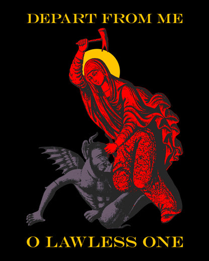 St Marina IconoGraphic (Depart from Me O Lawless One) | Saint Beating the Devil with a Hammer | Orthodox Christian Custom Blue Denim Jacket