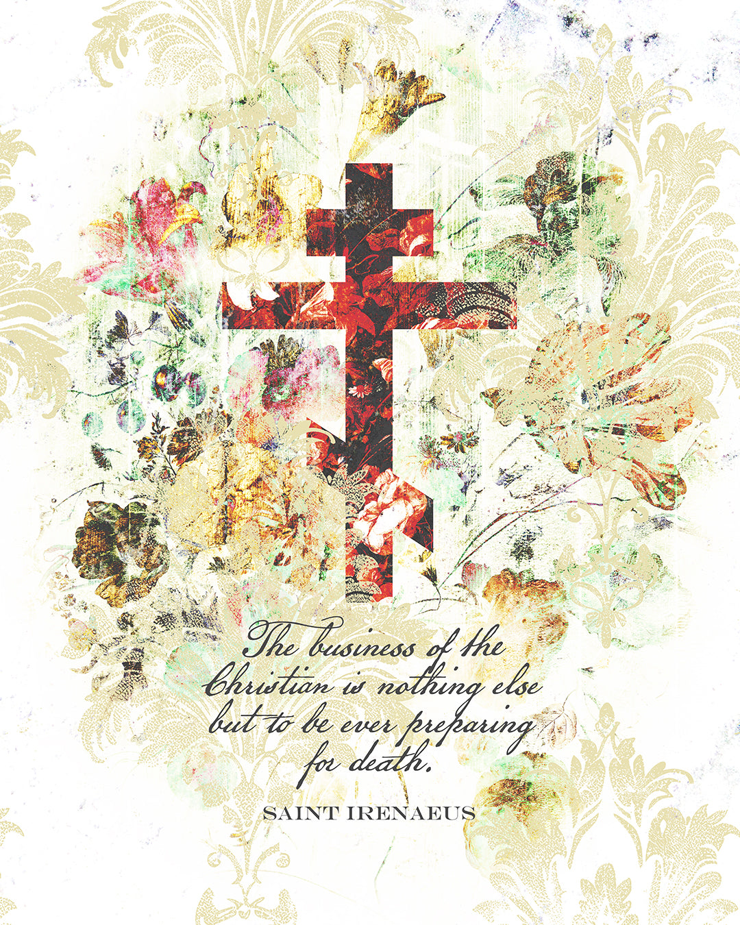 Preparing For Death | White & Beige Floral Scrapbook Texture Cross | Arts & Crafts Style | St Irenaeus | Orthodox Christian Black Mug
