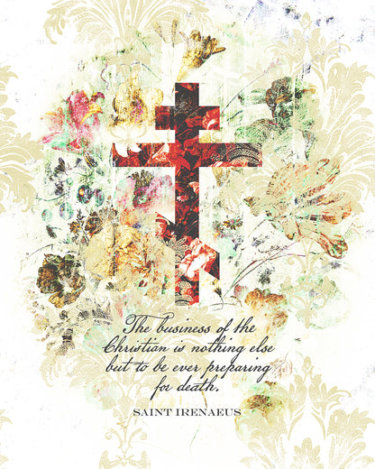 Preparing For Death | White & Beige Floral Scrapbook Texture Cross | Arts & Crafts Style | St Irenaeus | Orthodox Christian Black Mug