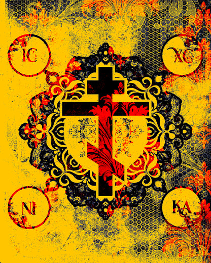 IC XC NIKA Orthodox Cross | Yellow & Red Modern & Medieval Textured Floral Design | Orthodox Christian Black Mug