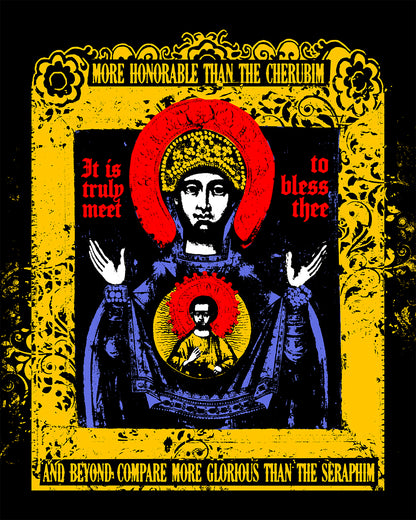 It is Truly Meet To Bless Thee Iconographic | Axion Estin Hymn to the Mother of God Theotokos | Orthodox Christian Blue Denim Jacket