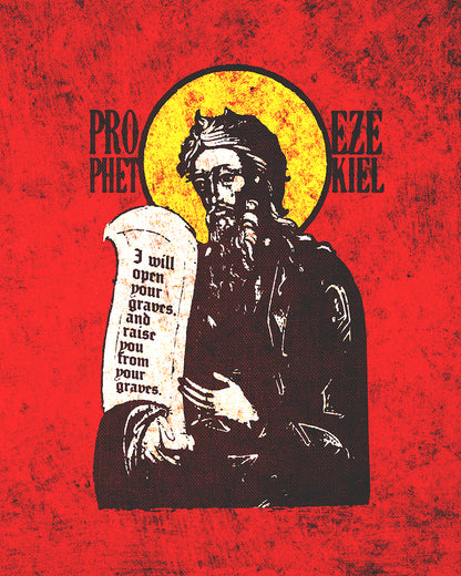 Prophet Ezekiel IconoGraphic | Textured, High Contrast Bright Red and Yellow Design | Old Testament | Orthodox Christian Blue Denim Jacket