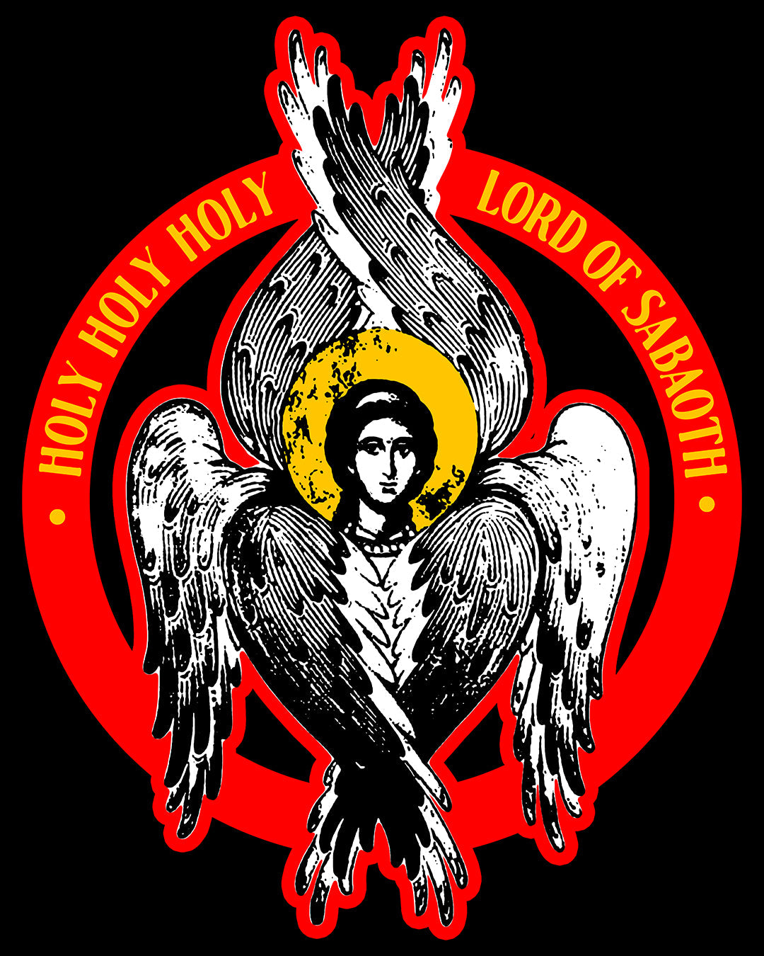 The Holy Holy Holy Seraphim Angel Icono-Graphic (Small Design) Long Sleeve Cotton Shirt features a six-winged angelic figure with a halo and "Holy Holy Holy Lord of Sabaoth" in red, symbolizing angels and Christian spirituality.