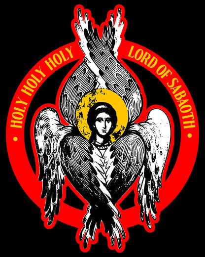 Holy Holy Holy Seraphim Angel Icono-Graphic (Small Design) hoodie features a six-winged seraph, halo, and red ring inscribed "Holy Holy Holy Lord of Sabaoth," inspired by the Heavenly Hosts in Orthodox Christian art.